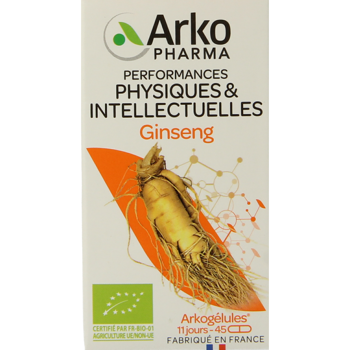 Arkocaps Ginseng bio herbal capsules, 45 count, natural supplement in a clear bottle with capsules visible inside.
