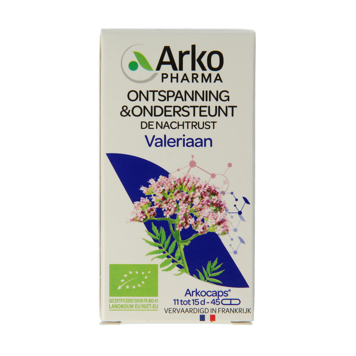 Arkocaps Valeriaan bio capsules, herbal supplement in a white bottle with green cap, showing the product label and capsules inside.