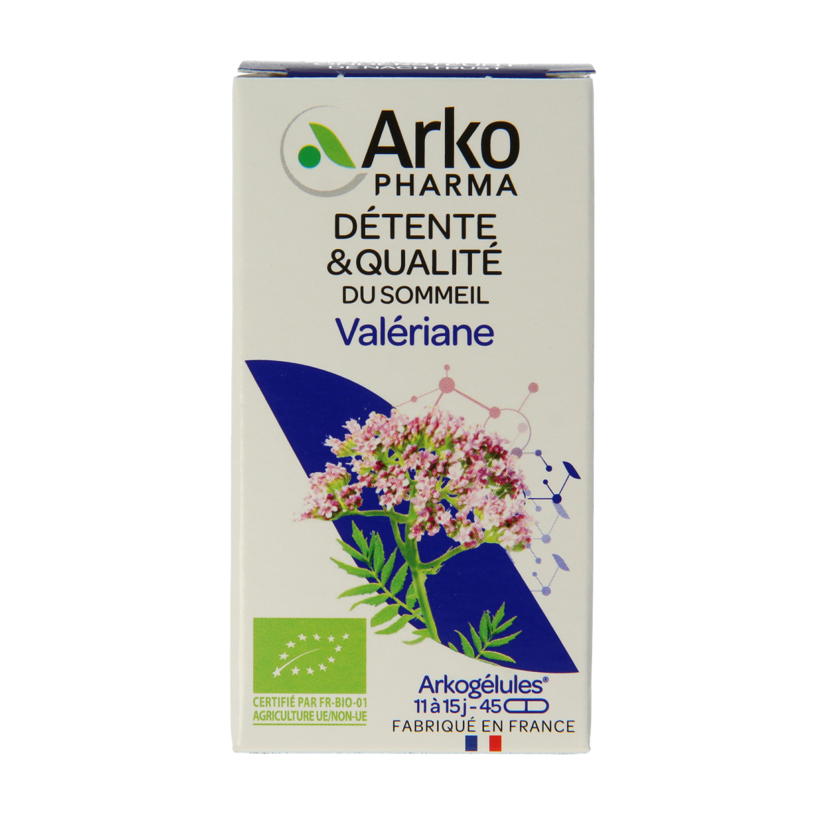 Arkocaps Valeriaan bio herbal capsules, natural dietary supplement in a clear bottle with 45 capsules.