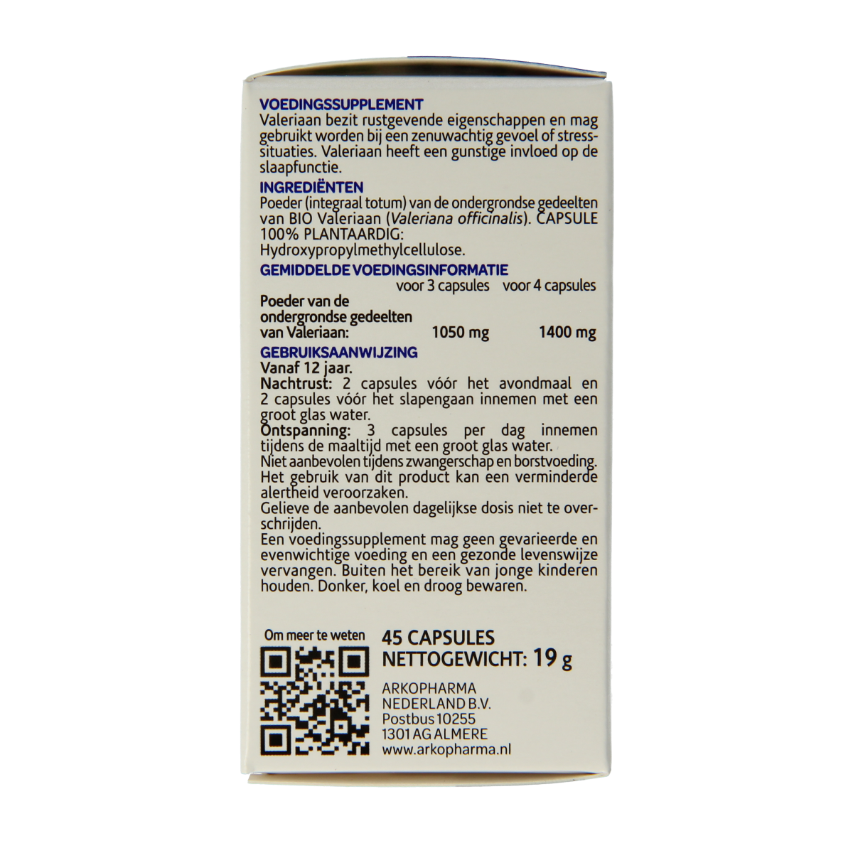 Arkocaps Valeriaan bio herbal capsules, 45-count, natural remedy for relaxation and sleep support, by Arkocaps.