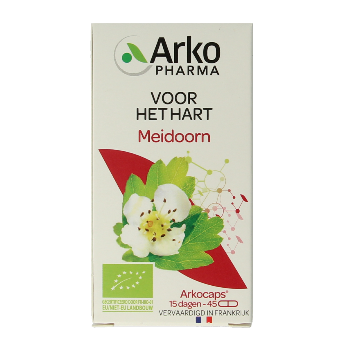 Arkocaps Meidoorn bio herbal capsules, natural supplement in a clear bottle with 45 capsules, showcasing the product label.