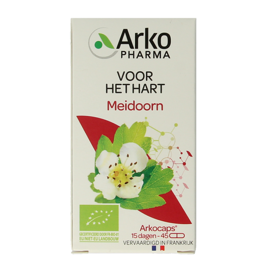 Arkocaps Meidoorn bio herbal capsules, natural supplement in a clear bottle with 45 capsules, showcasing the product label.