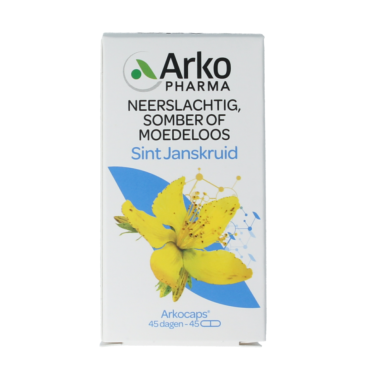 Arkocaps Sint Janskruid capsules in a bottle, herbal supplement for mood support, from the Arkocaps brand.