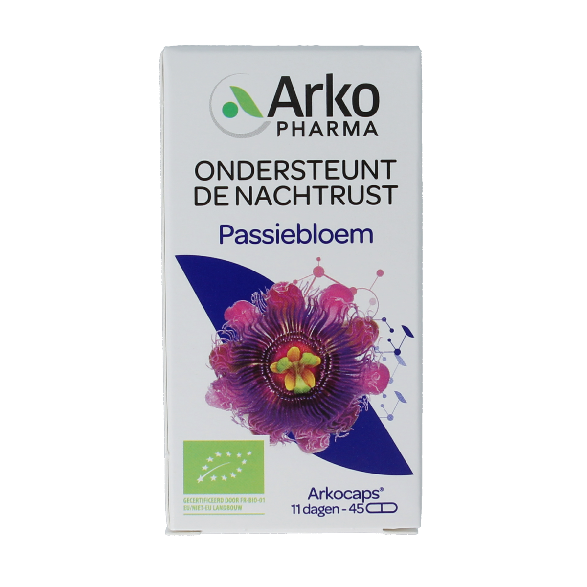 Arkocaps Passiebloem bio herbal capsules, natural dietary supplement in a white bottle with 45 capsules