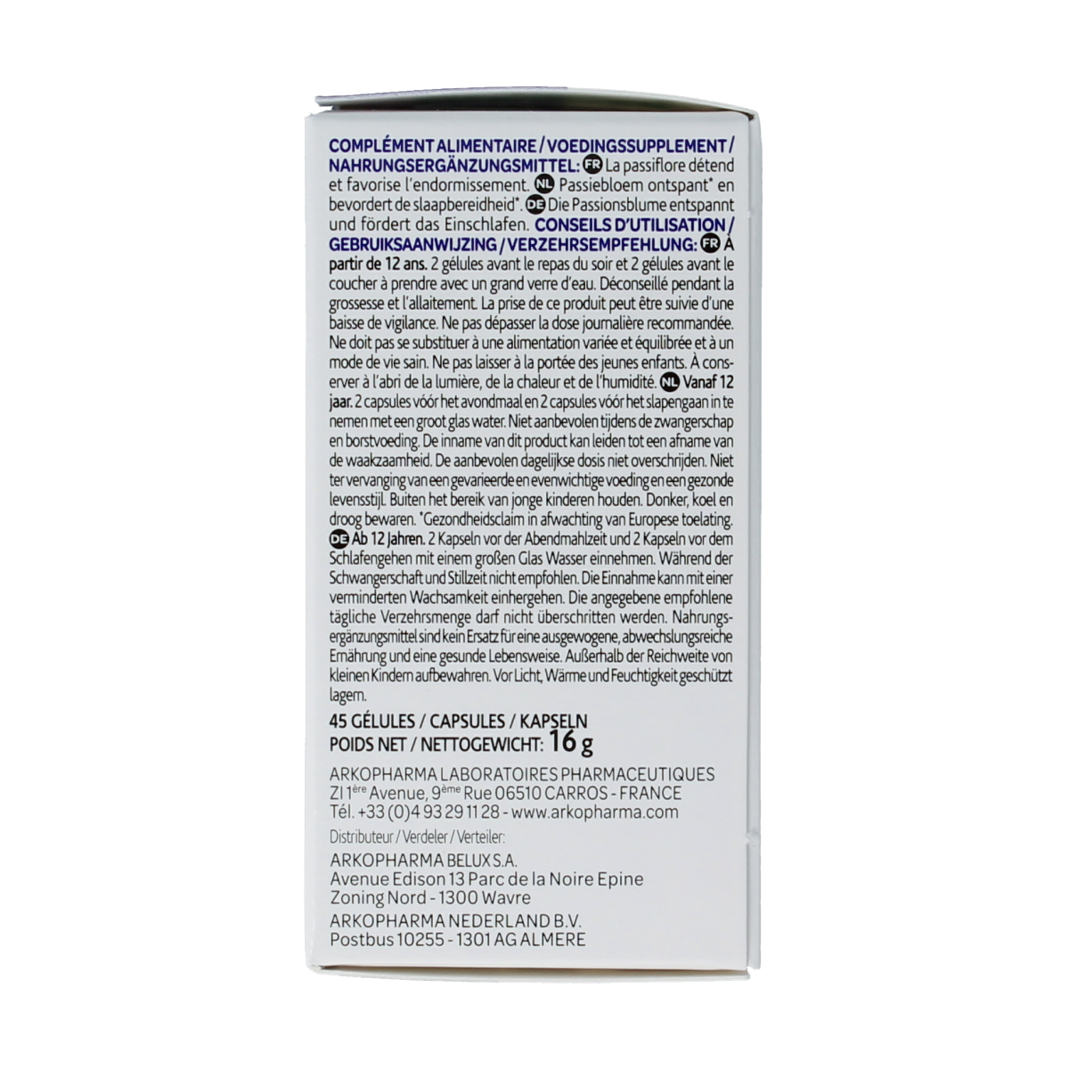Arkocaps Passiebloem bio herbal capsules, 45 count, natural herbal supplement from Arkocaps, showing capsules in a clear container