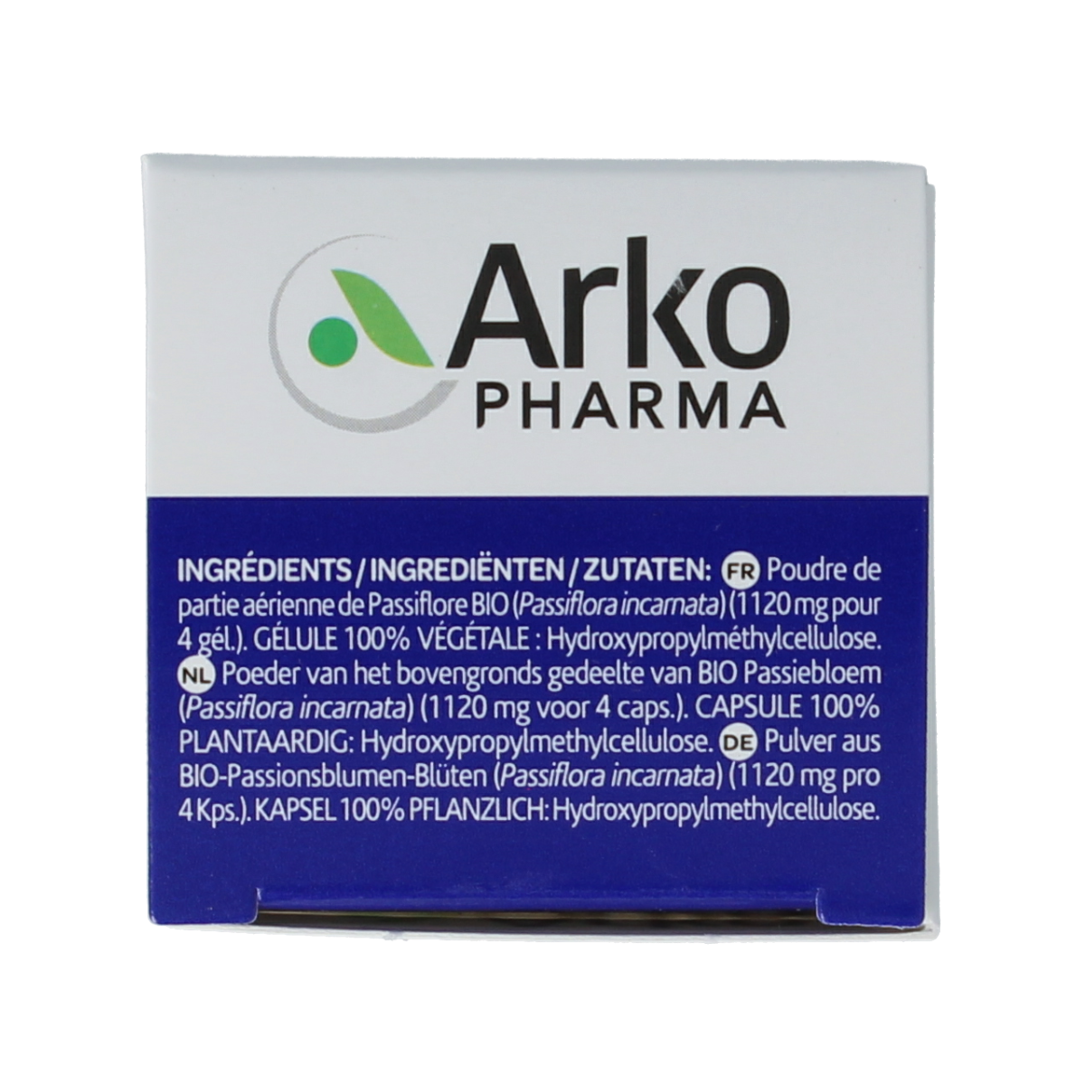 Arkocaps Passiebloem bio herbal capsules, 45-count, natural herbal supplement in clear capsule bottles with label display.