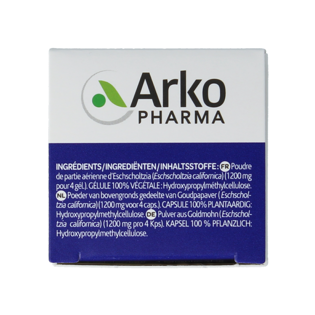 Arkocaps Goudpapaver capsules, herbal supplement by Arkocaps, arranged in a clear container on a white background.