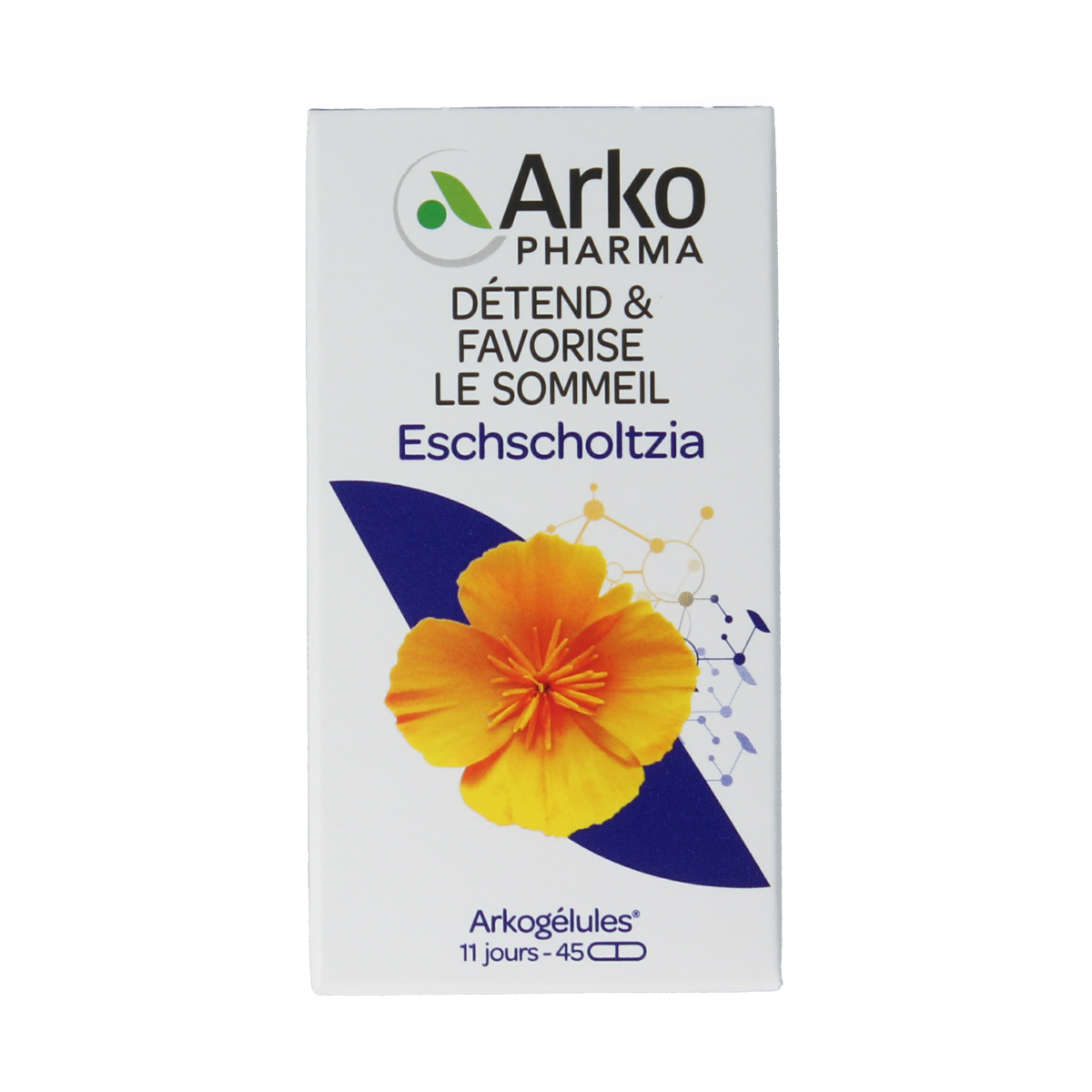 Arkocaps Goudpapaver capsules, herbal supplement by Arkocaps, showing a bottle of 45 capsules for natural health support.