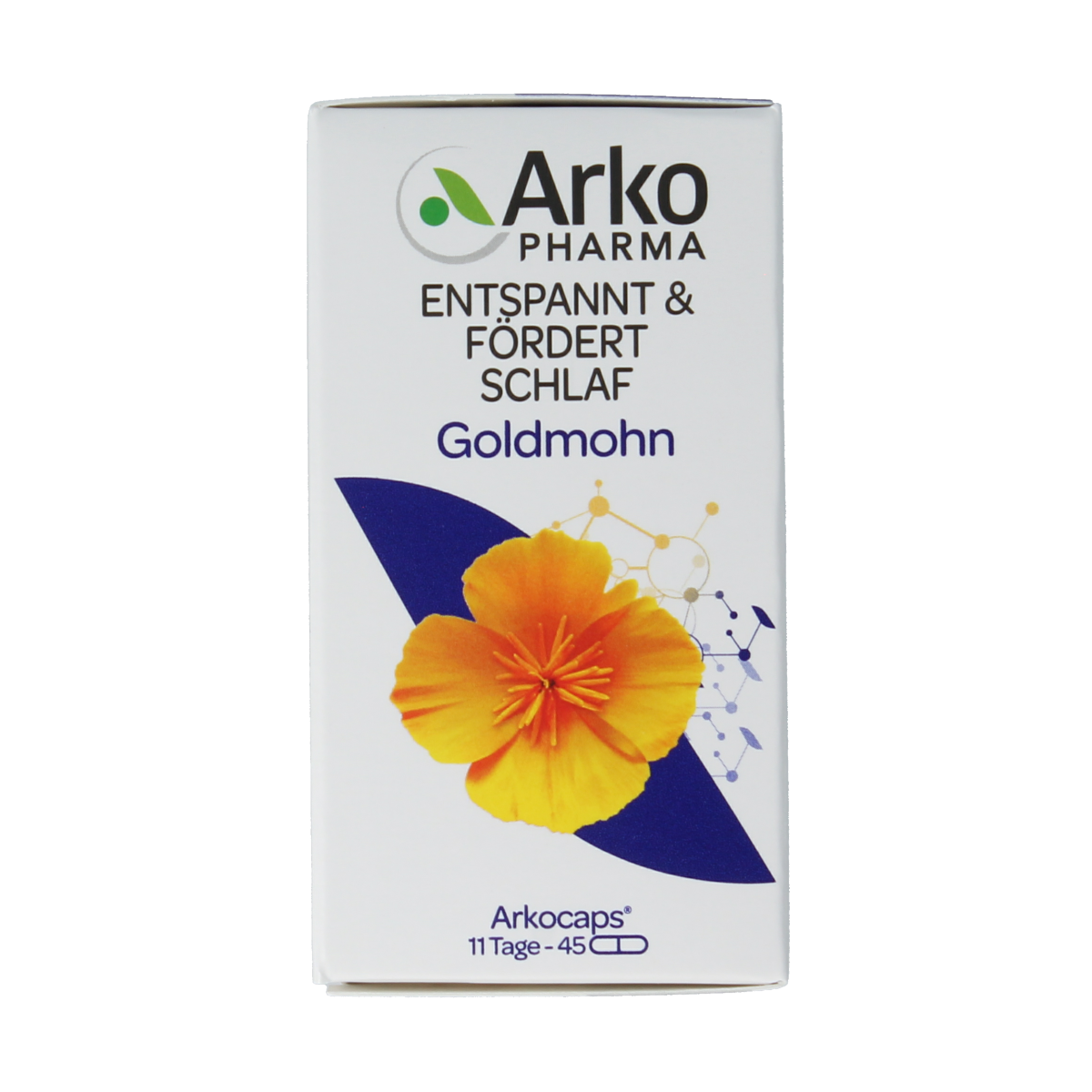 Arkocaps Goudpapaver herbal capsules by Arkocaps, showing a bottle of 45 capsules with golden poppy flower imagery.
