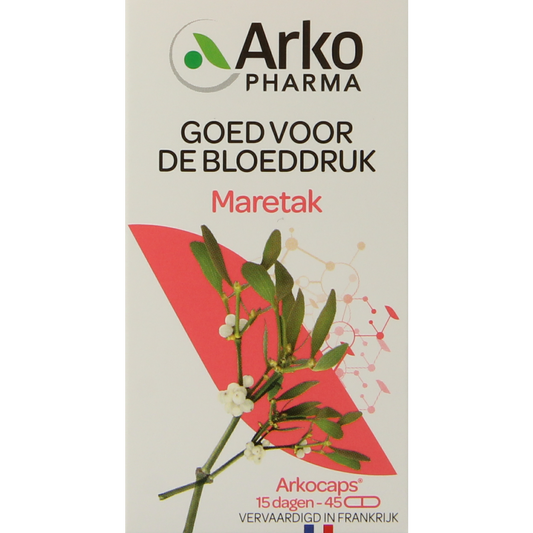Arkocaps Maretak herbal capsules by Arkocaps, showing a bottle of 45 capsules for herbal supplement use.