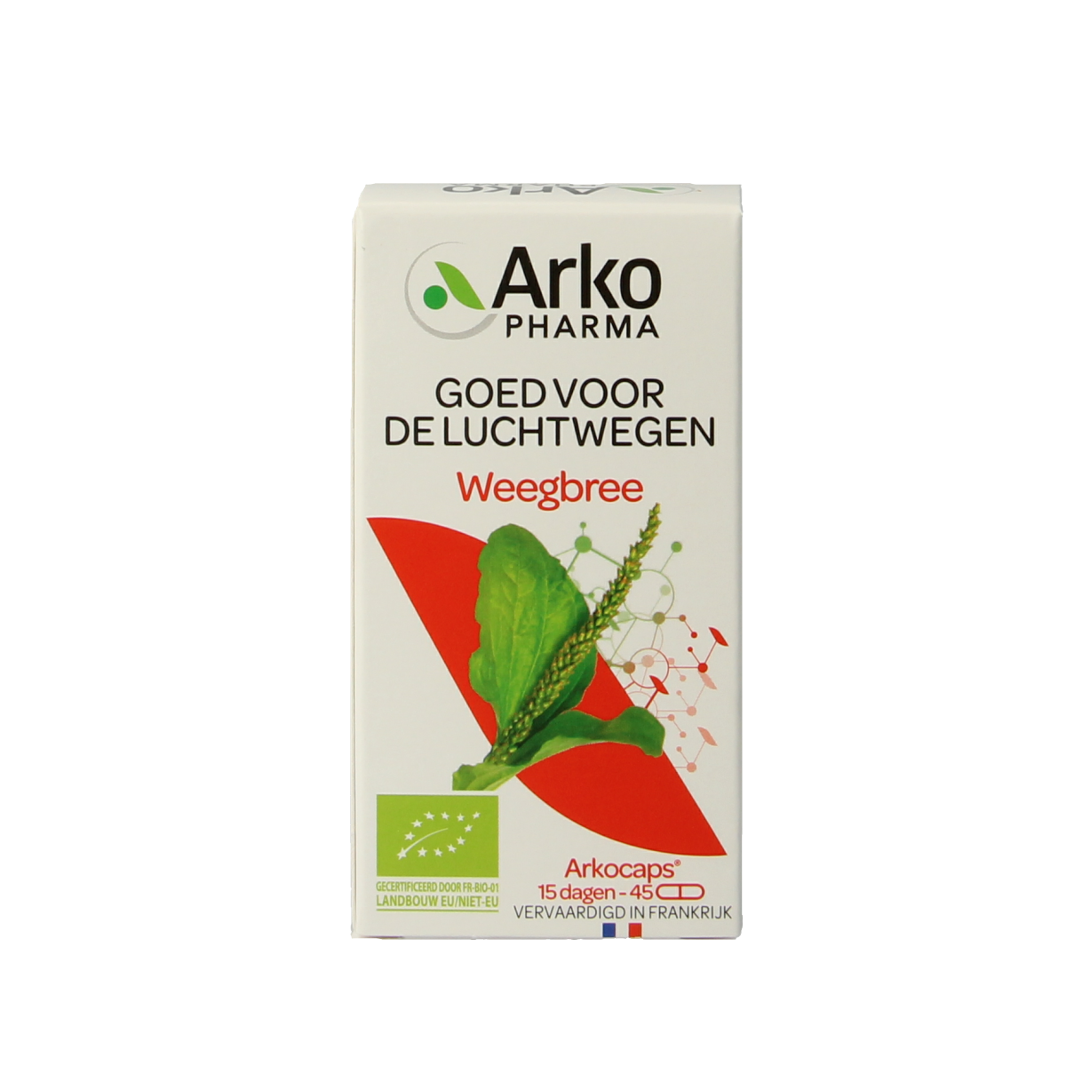 Arkocaps Weegbree bio herbal capsules in a bottle, showcasing the natural supplement's label and capsules inside.