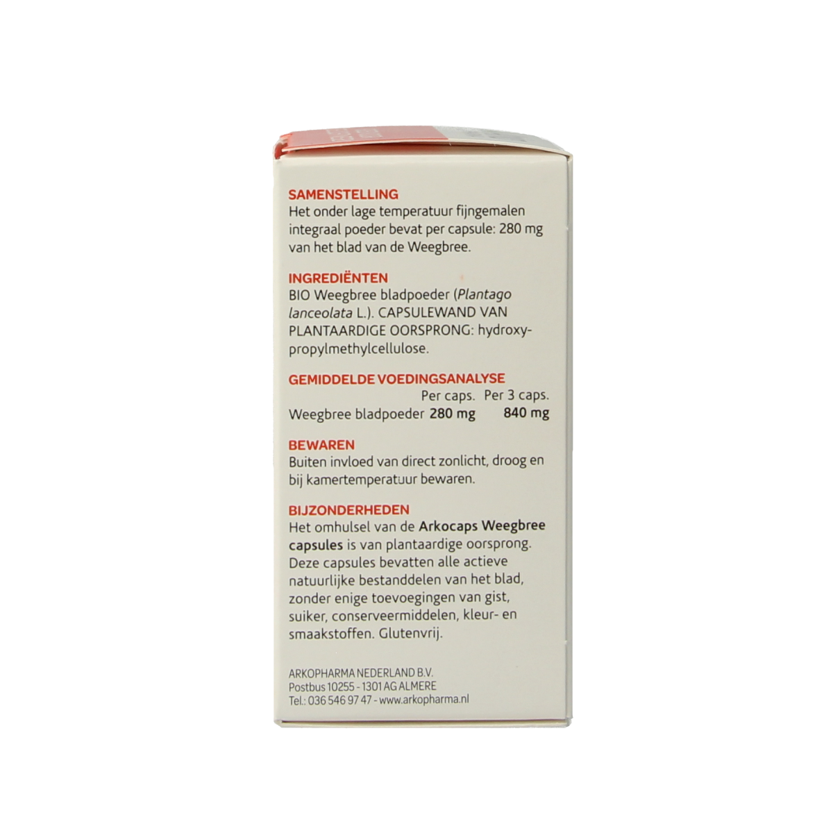 Arkocaps Weegbree bio capsules, herbal supplement in a clear bottle with 45 capsules, featuring green and white label.