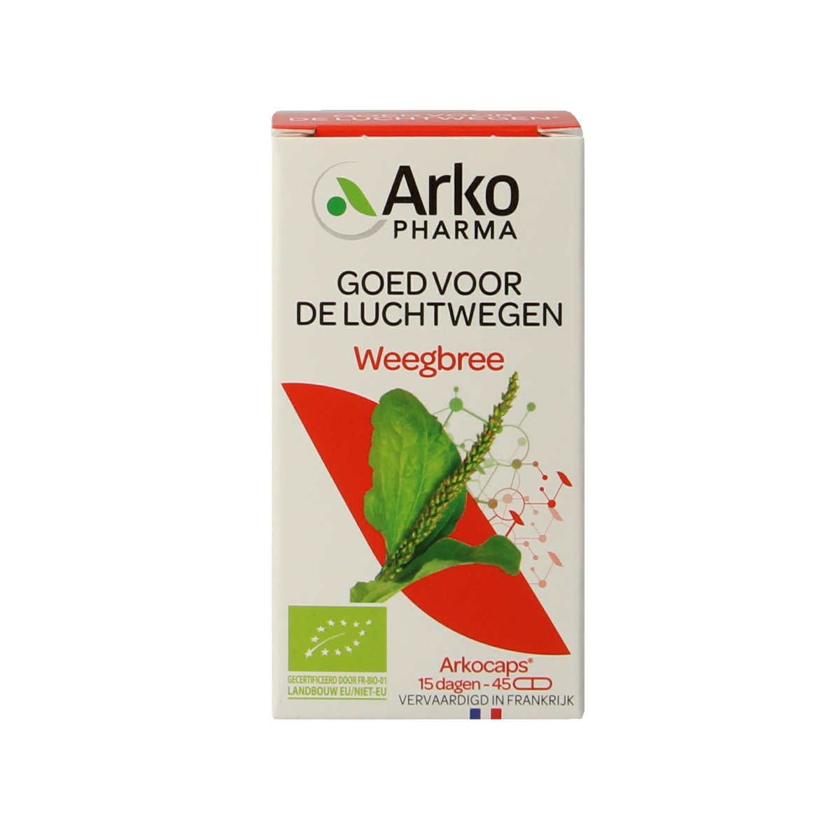 Arkocaps Weegbree bio herbal capsules in a clear container, showcasing 45 capsules of natural herbal supplement.