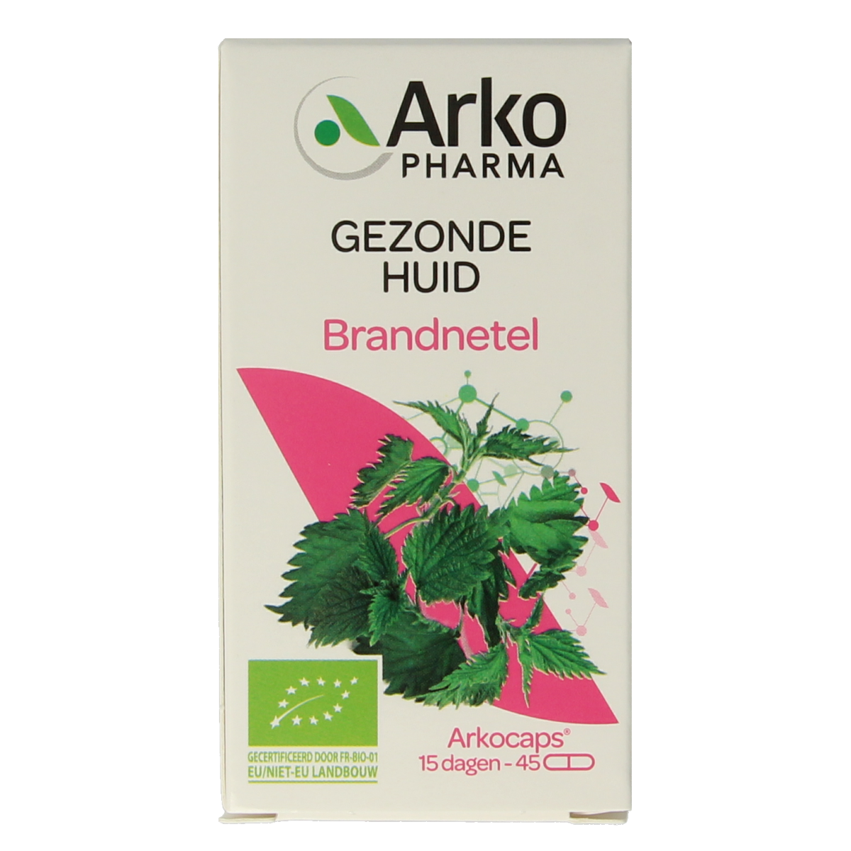 Arkocaps Brandnetel bio herbal capsules, 45-count, showing green capsules in a clear container.