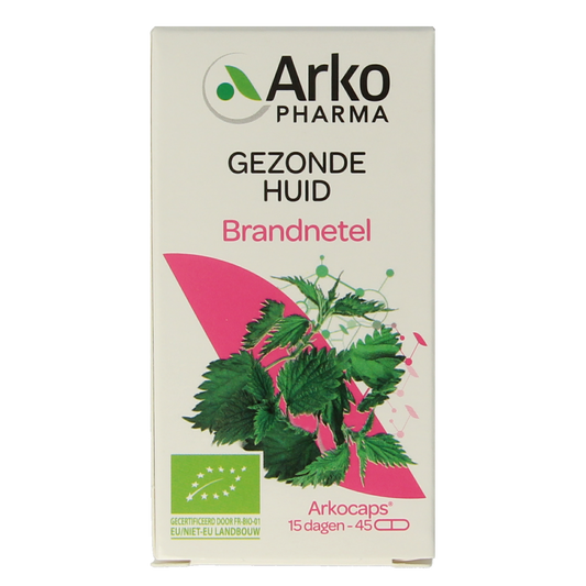 Arkocaps Brandnetel bio herbal capsules, 45-count, showing green capsules in a clear container.