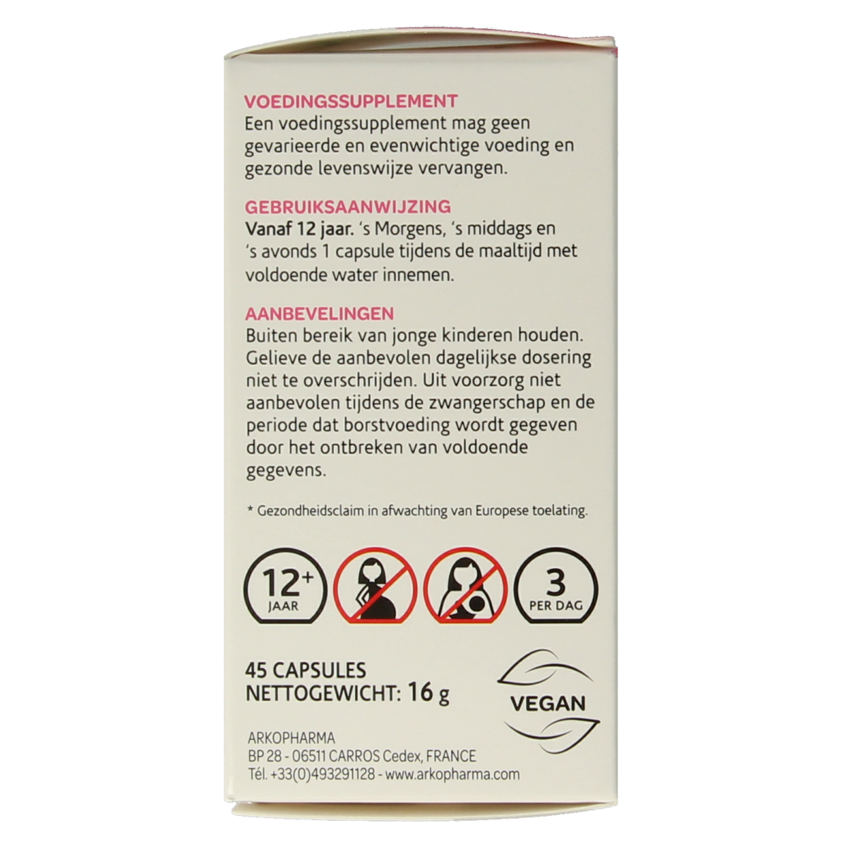 Arkocaps Brandnetel bio herbal capsules, 45-count, showing green capsules in a clear container.