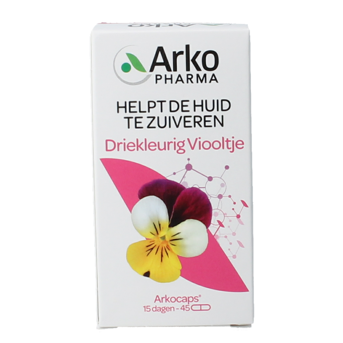 Arkocaps Driekleurig viooltje herbal capsules showing a bottle with 45 capsules and violet flowers in the background.