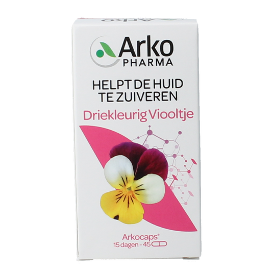 Arkocaps Driekleurig viooltje herbal capsules showing a bottle with 45 capsules and violet flowers in the background.