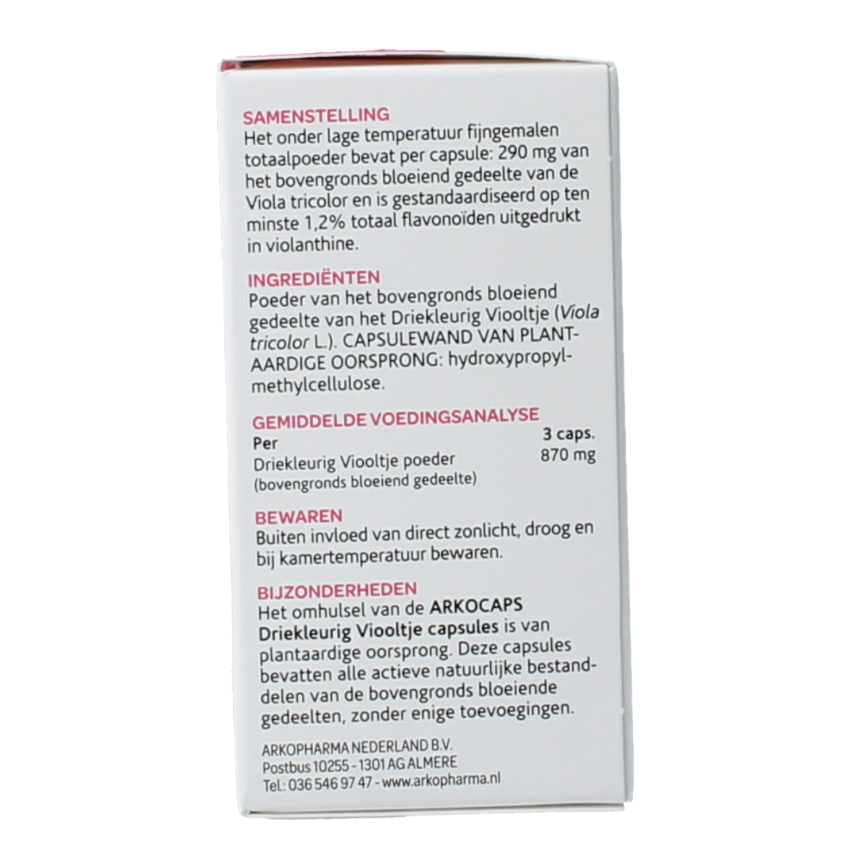 Arkocaps Driekleurig viooltje herbal supplement capsules in a bottle, natural herbal product by Arkocaps.