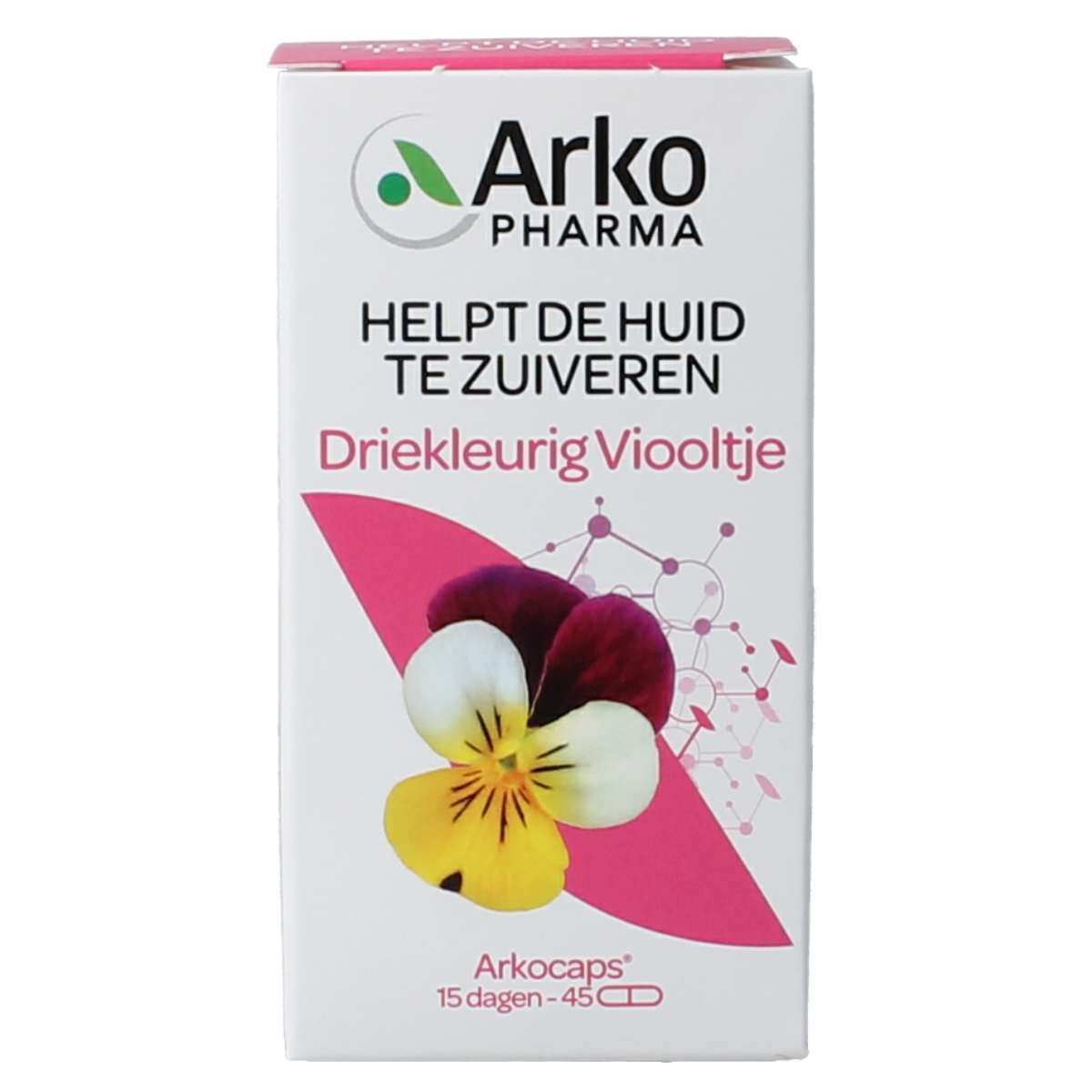 Arkocaps Driekleurig viooltje herbal supplement capsules from Arkocaps, showing a bottle of 45 capsules with violet flowers.