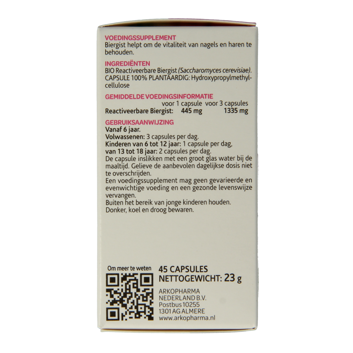 Arkocaps Biergist bio capsules, herbal supplement by Arkocaps, showing a bottle of 45 organic brewer's yeast capsules.