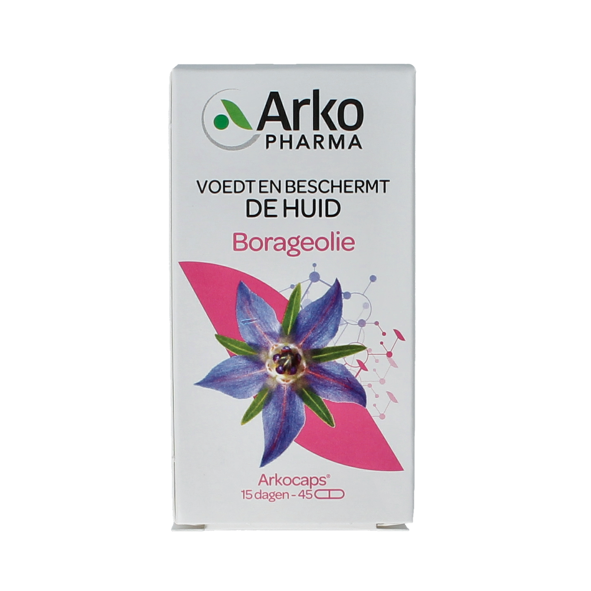 Arkocaps Borage Oil capsules, herbal supplement in a clear bottle, showing 45 capsules for skin and health support.
