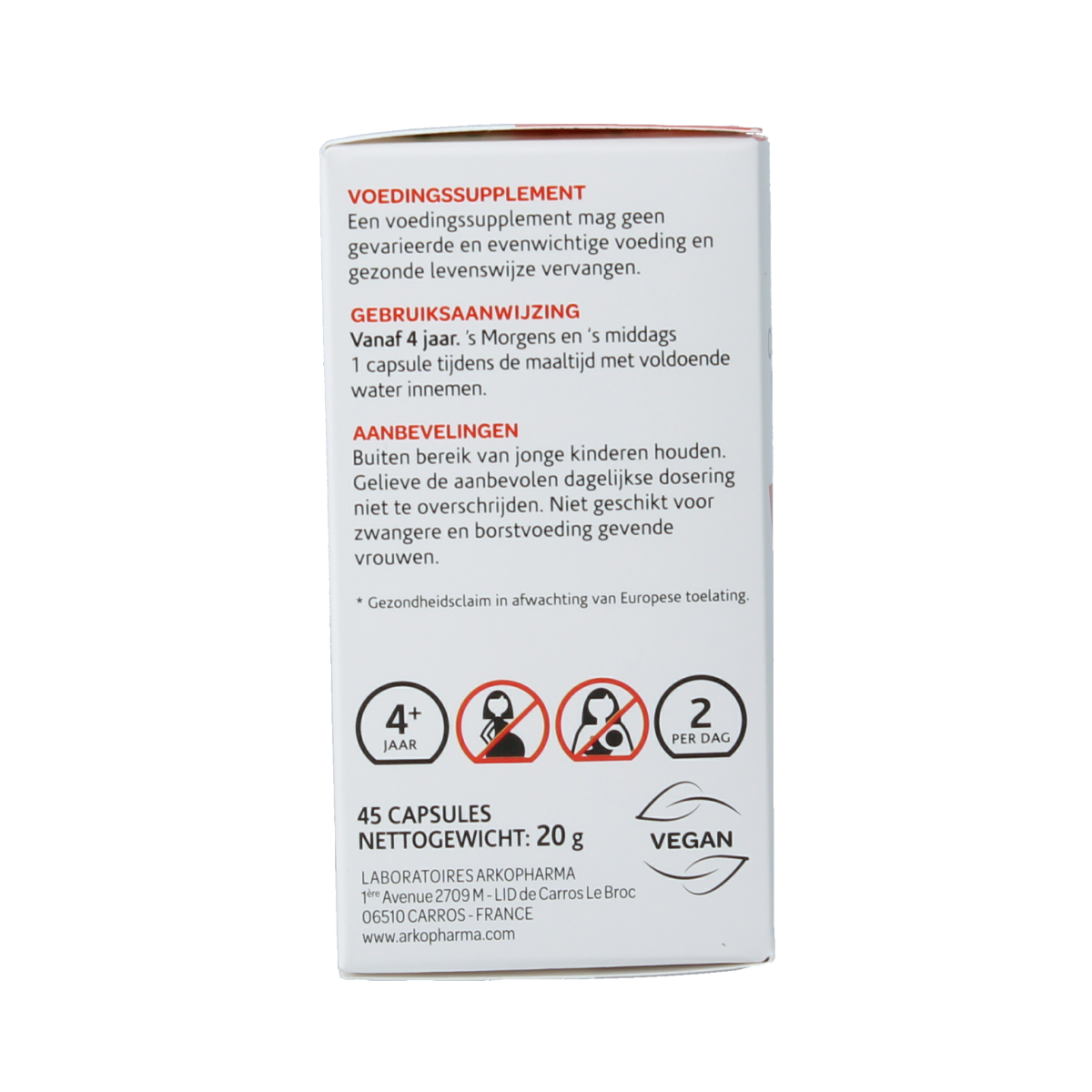 Arkocaps Cat's Claw herbal supplement capsules, natural kruidpreparaten by Arkocaps in a jar with 45 capsules.