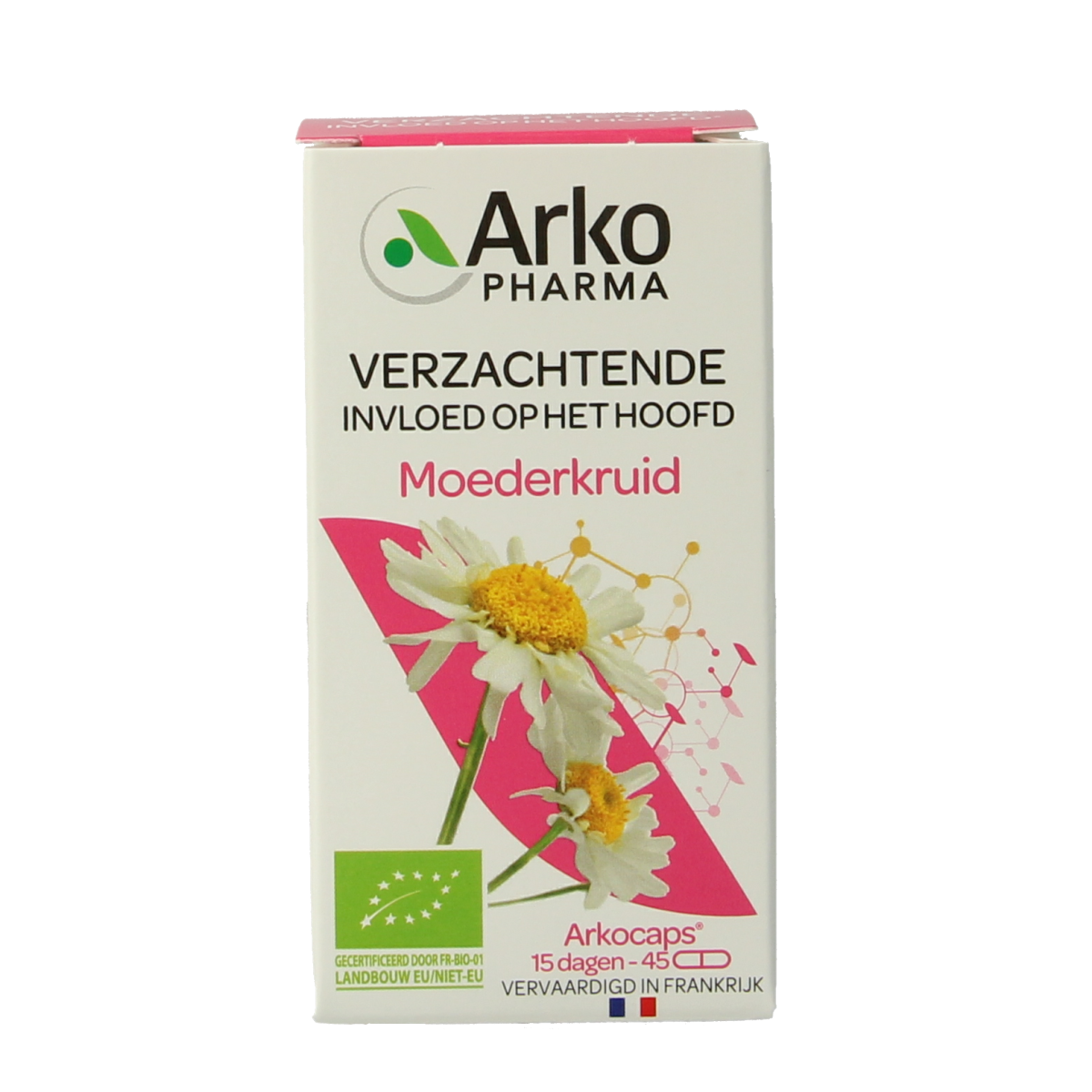 Arkocaps Moederkruid bio capsules, herbal supplement, close-up of the 45-capsule container with herbal branding and label