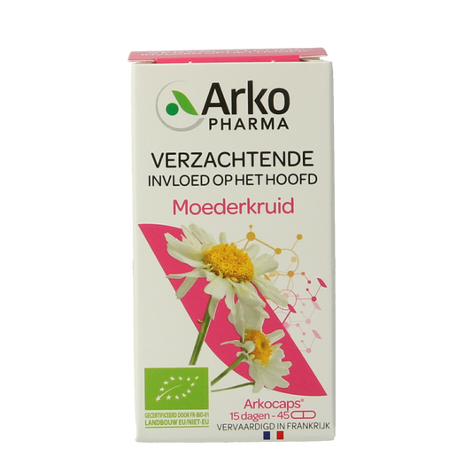 Arkocaps Moederkruid bio capsules, herbal supplement, close-up of the 45-capsule container with herbal branding and label