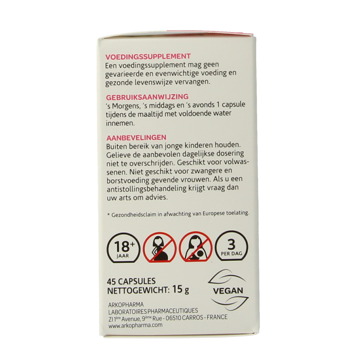 Arkocaps Moederkruid bio capsules, natural herbal supplement in a clear bottle with a white cap, displayed on a white background.