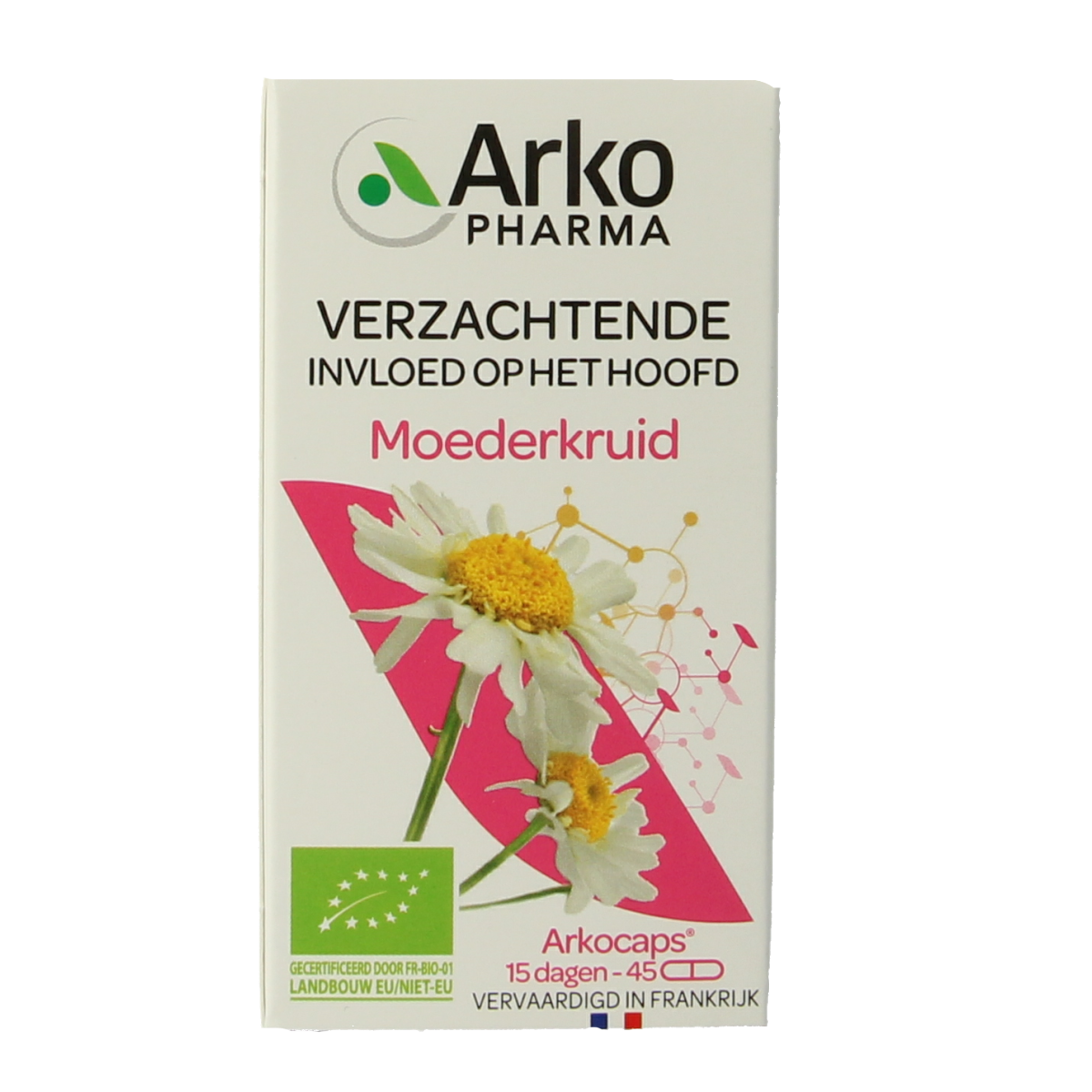 Arkocaps Moederkruid bio herbal capsules in a bottle, natural herbal supplement by Arkocaps, 45 capsules.