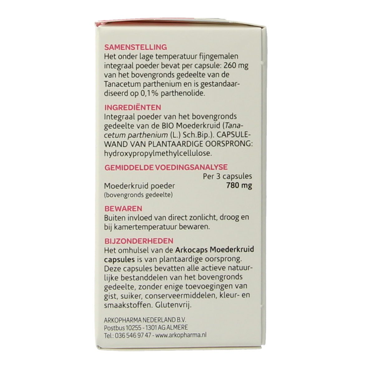 Arkocaps Moederkruid bio capsules in a clear bottle, herbal supplement for digestive health, branded Arkocaps, 45 capsules.