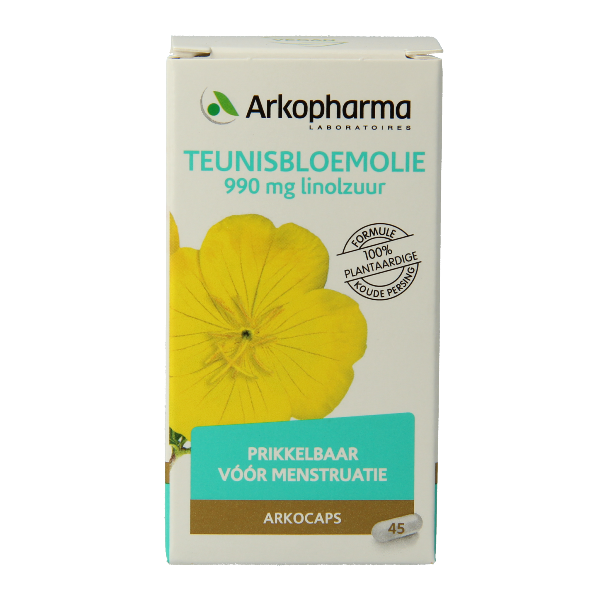 Arkocaps Teunisbloemolie capsules, softgel dietary supplement with omega fatty acids, displayed in blister pack.