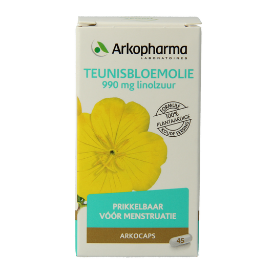 Arkocaps Teunisbloemolie capsules, softgel dietary supplement with omega fatty acids, displayed in blister pack.