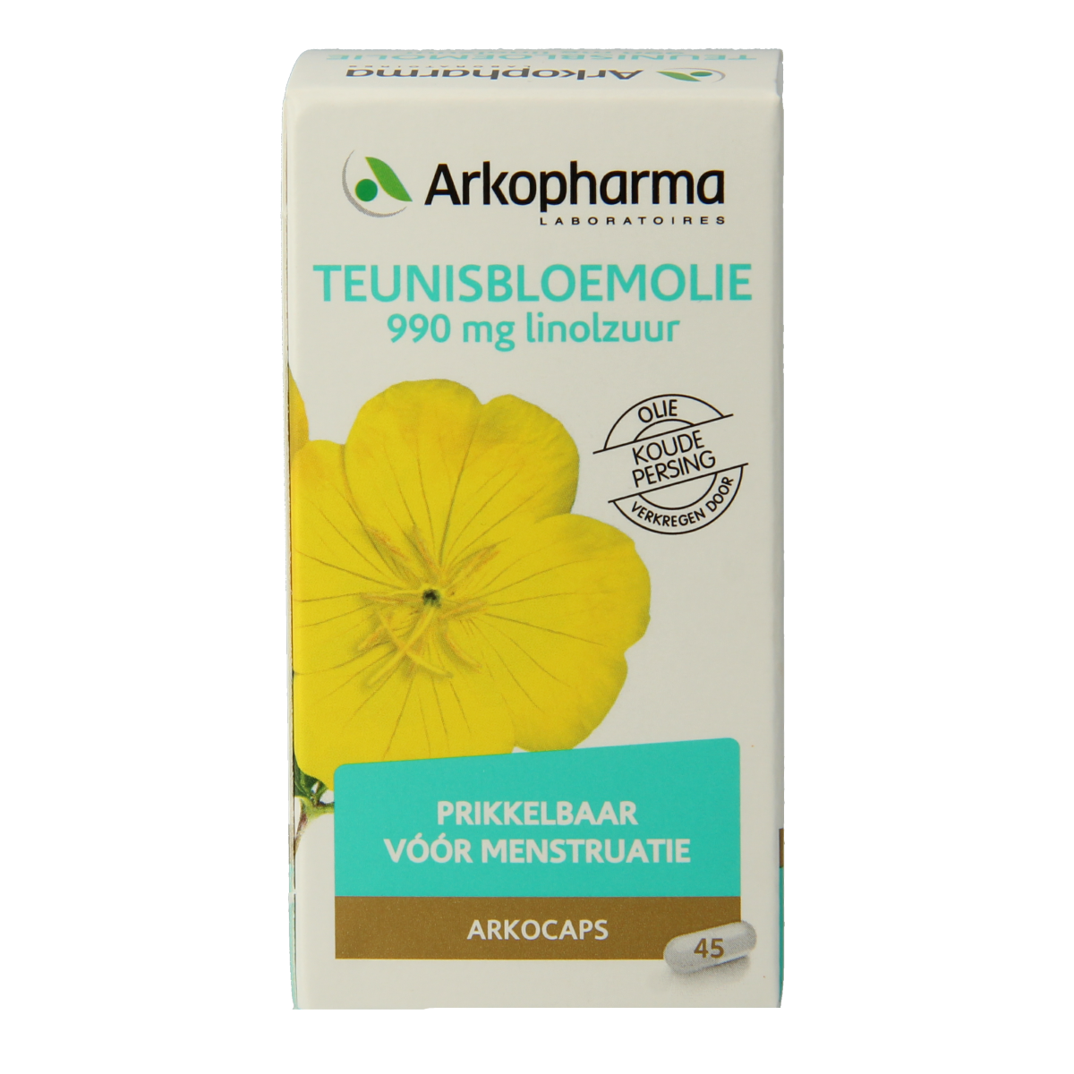Arkocaps Teunisbloemolie capsules, vegan omega fatty acids supplement in a bottle with 45 capsules.