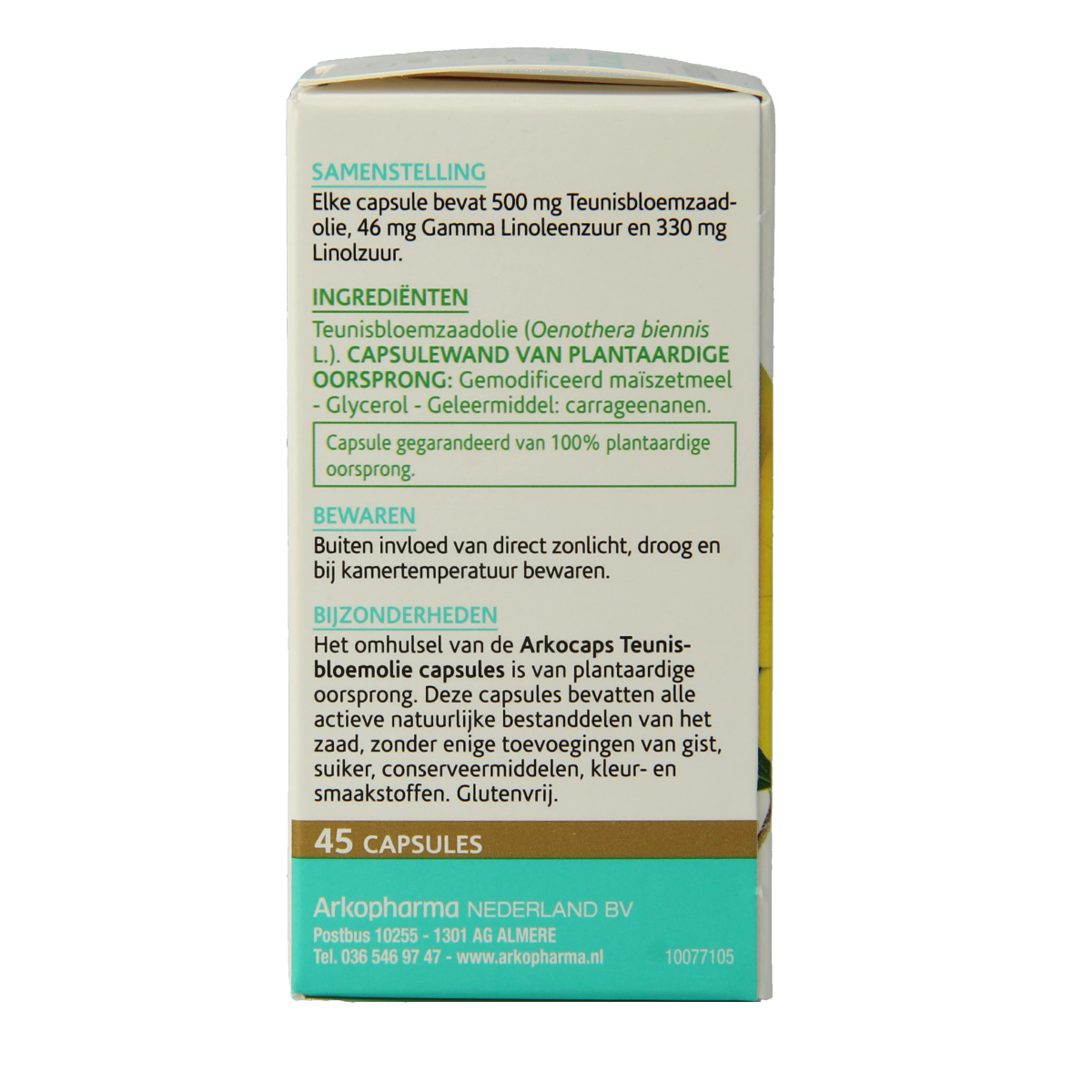 Arkocaps Teunisbloemolie capsules, dietary supplement with omega fatty acids, shown in a close-up image.