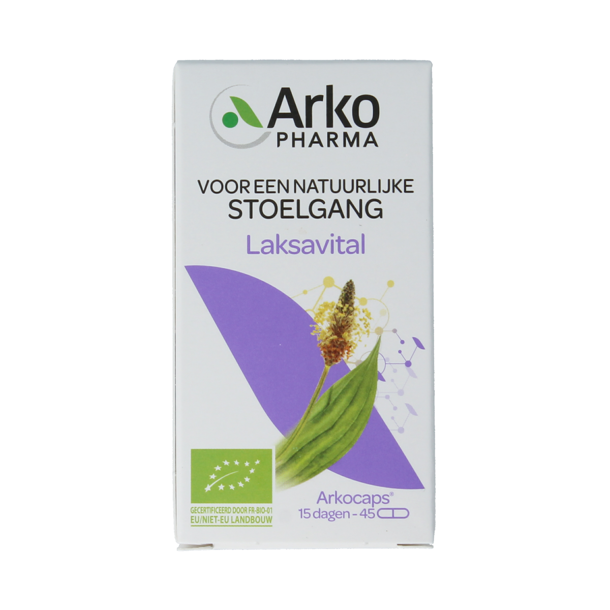 Arkocaps Laksavital bio herbal capsules in a clear container, showcasing the natural supplement for digestive health.