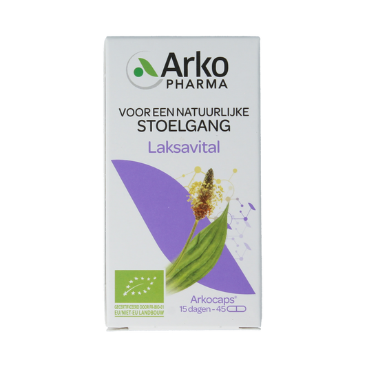 Arkocaps Laksavital bio herbal capsules in a clear container, showcasing the natural supplement for digestive health.
