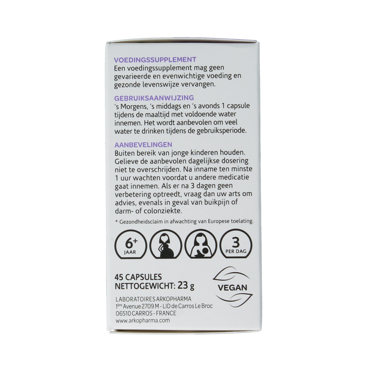 Arkocaps Laksavital bio capsules, herbal supplement in a white bottle with orange label, containing 45 capsules for digestive health.