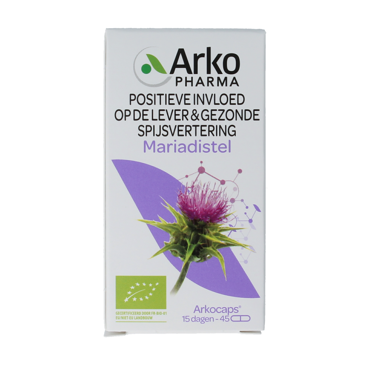 Arkocaps Mariadistel bio herbal capsules, natural supplement in a bottle with 45 capsules, by Arkocaps.