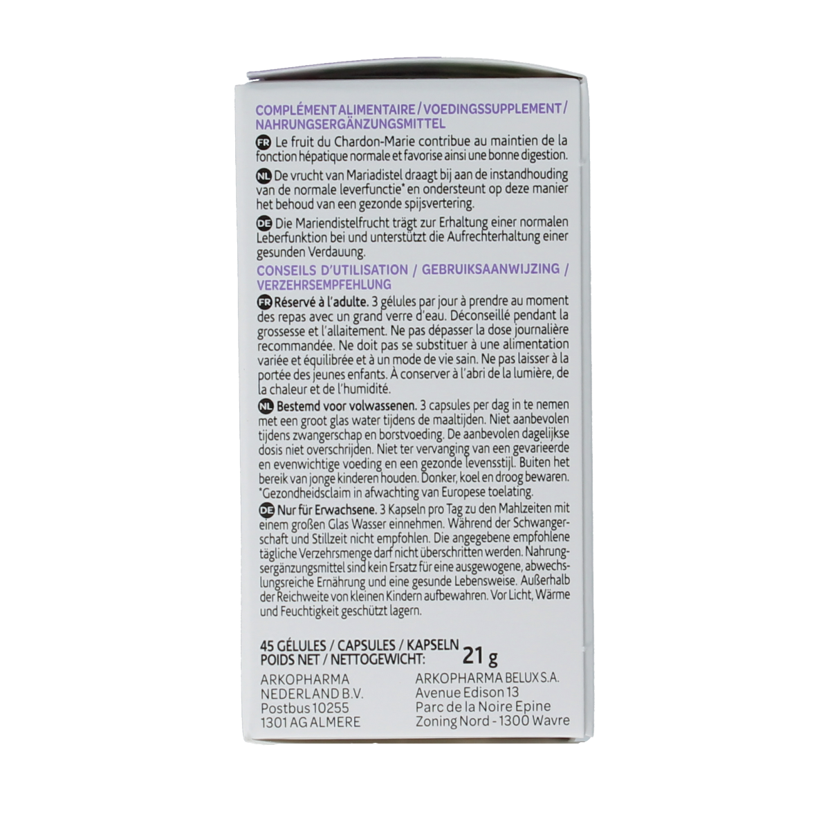Arkocaps Mariadistel bio herbal capsules, 45 count, natural supplement for liver health, featuring plant-based ingredients.