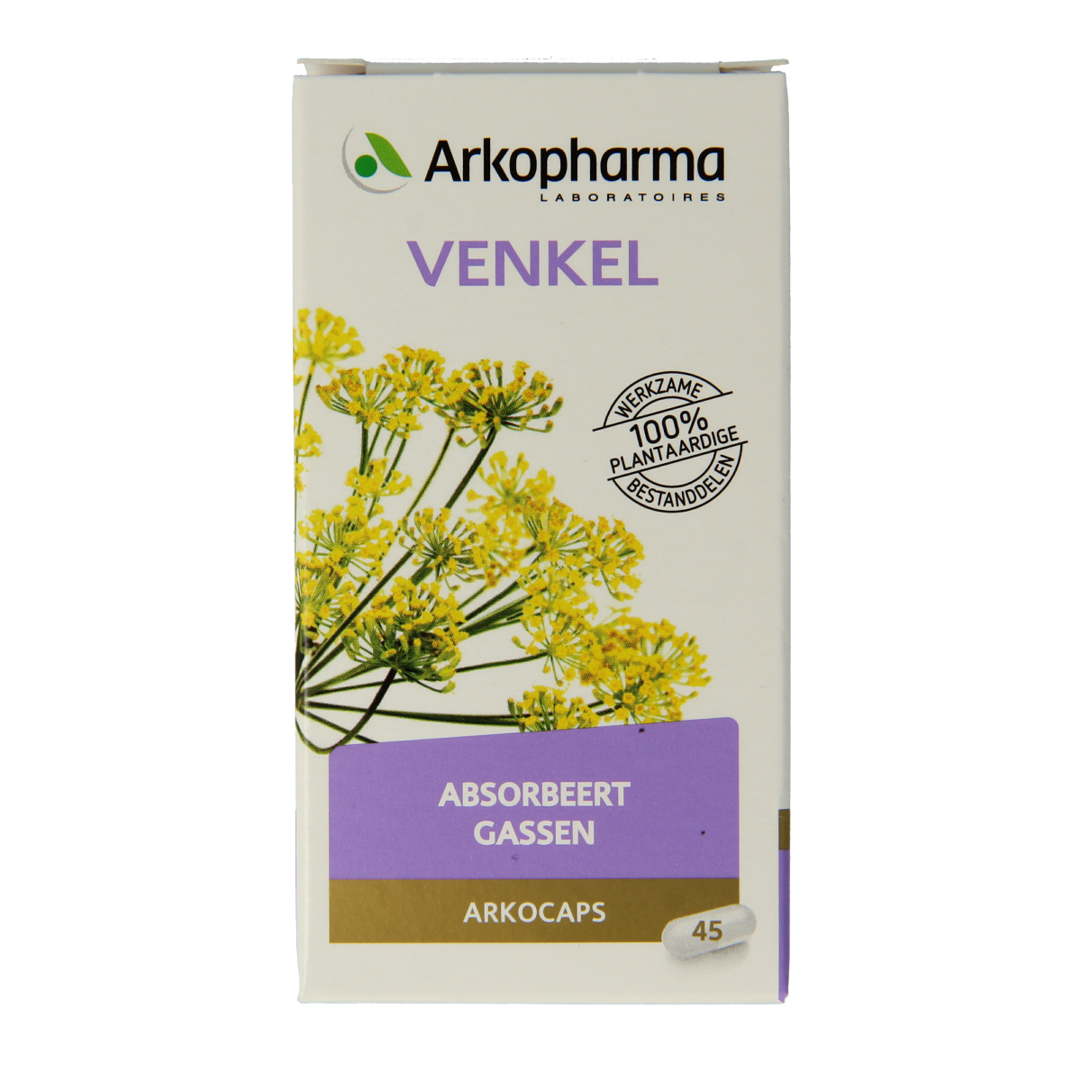 Arkocaps Venkel capsules in a bottle, herbal supplement for digestive health, by Arkocaps, 45 capsules.