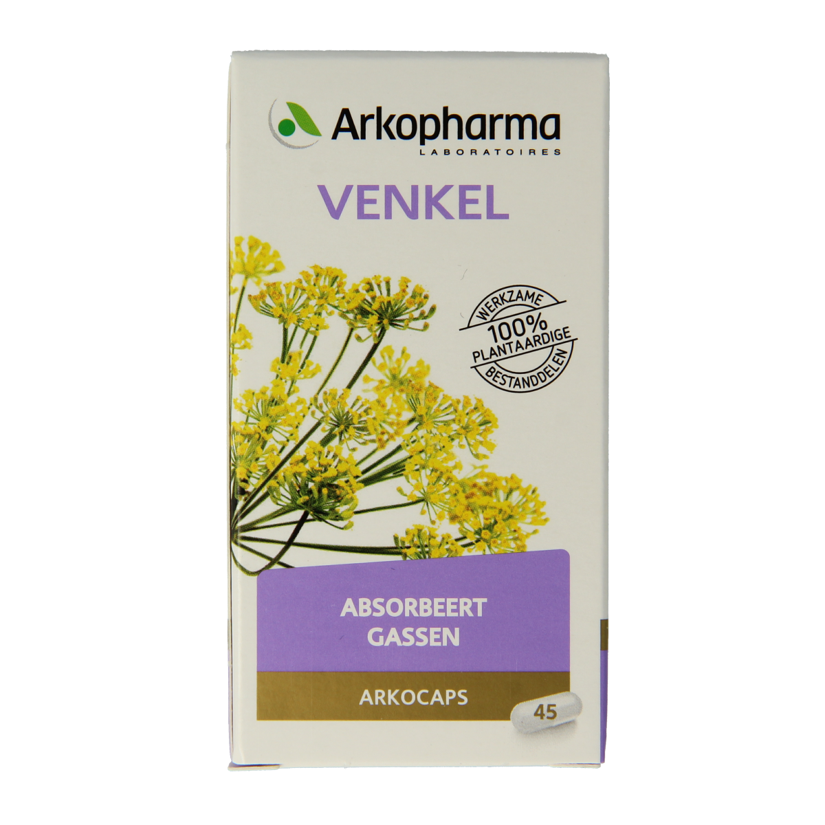 Arkocaps Venkel capsules in a container, natural herbal supplement for digestion, by Arkocaps, Kruidenpreparaten product.