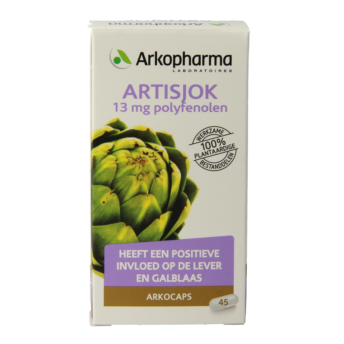 Arkocaps Artisjok bio herbal supplement in a bottle of 45 capsules, natural product for digestive health.