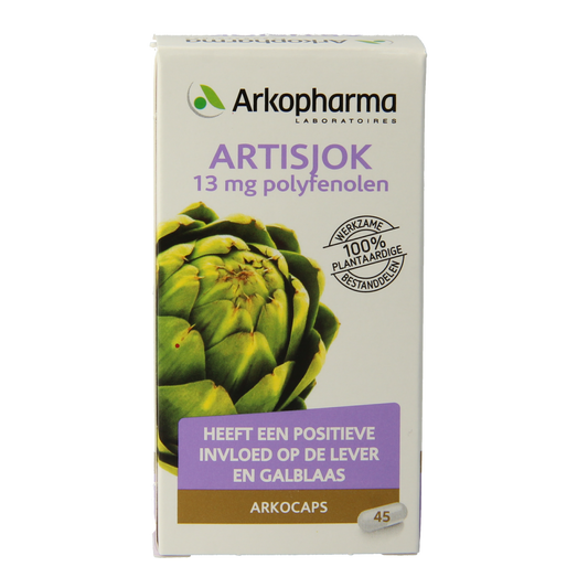 Arkocaps Artisjok bio herbal supplement in a bottle of 45 capsules, natural product for digestive health.