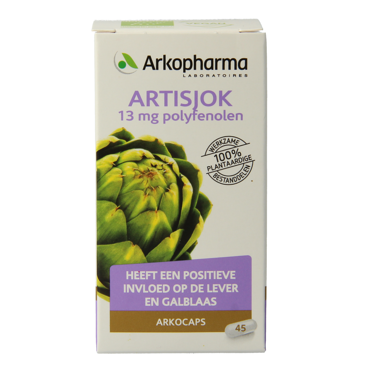 Arkocaps Artisjok bio herbal capsules, natural dietary supplement, featuring 45 capsules in a transparent bottle with label