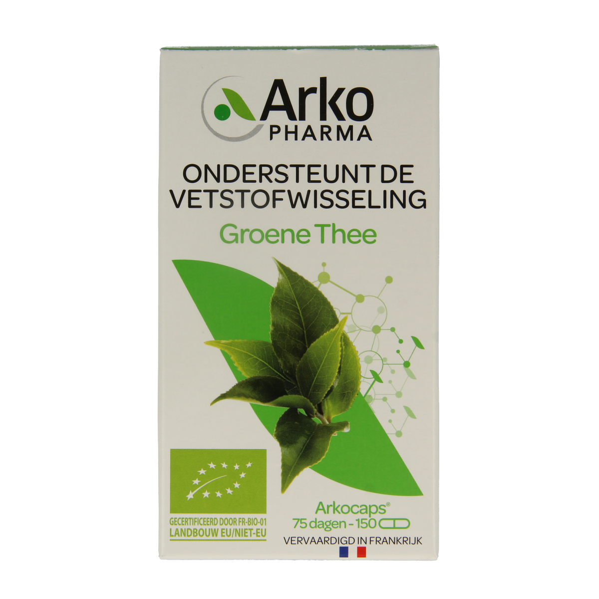 Arkocaps Groene thee bio vegetarian capsules, herbal supplement in green capsule form, natural and organic herbal product.
