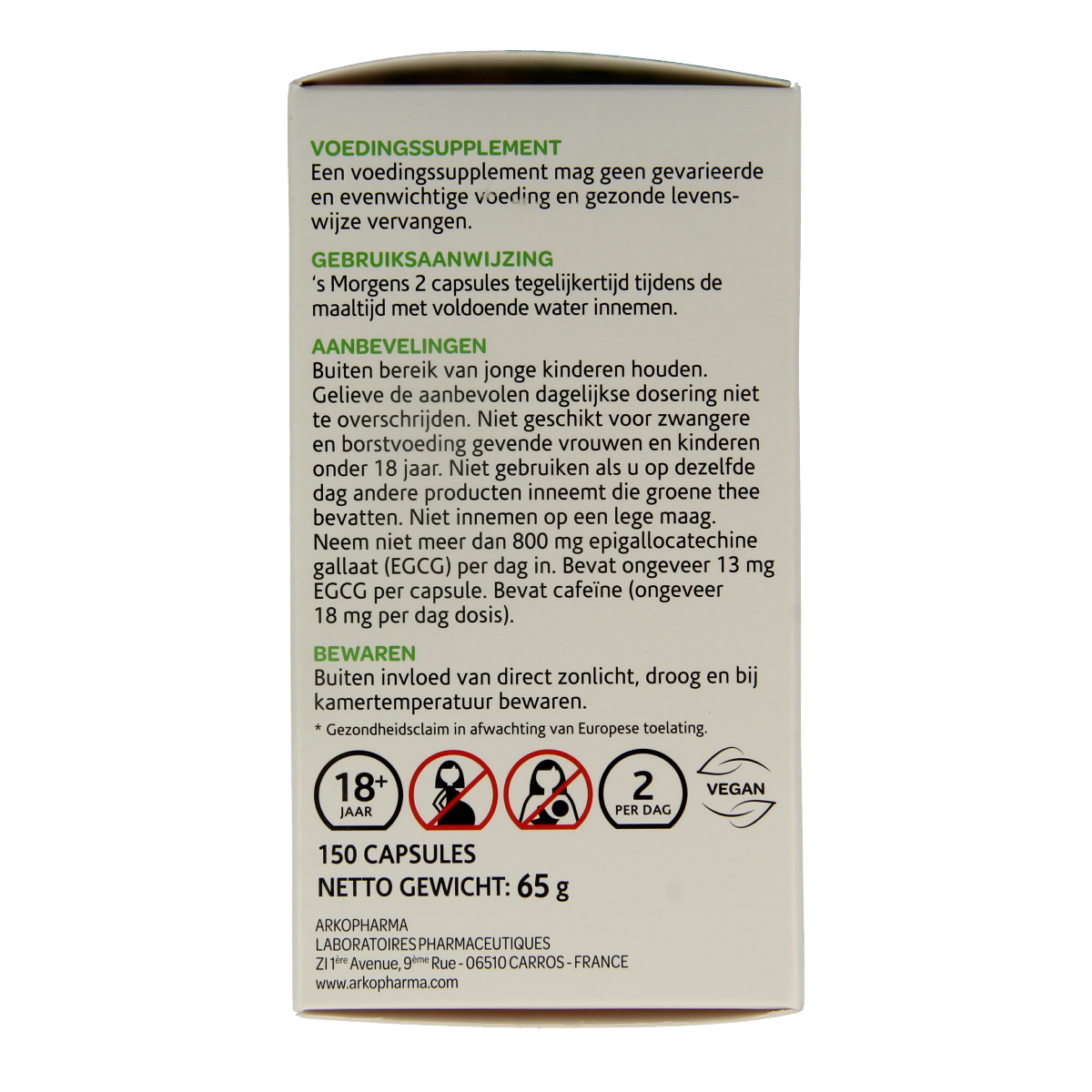 Arkocaps Groene thee bio vegetarian capsules in a bottle, herbal supplement for health and wellness.
