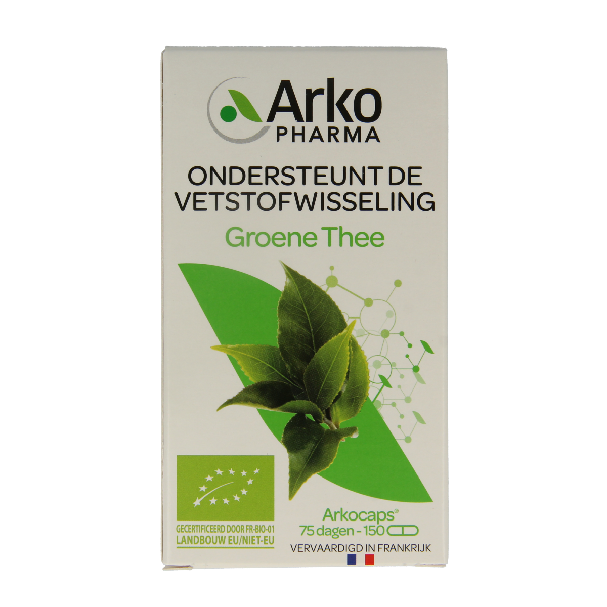 Arkocaps Groene Thee Bio vegetarian capsules, herbal supplement in green capsule form, natural health product.