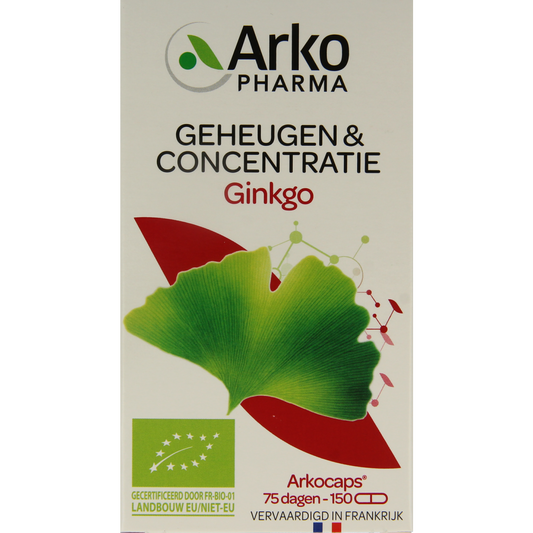 Arkocaps Ginkgo bio capsules from Arkocaps, herbal supplement in a bottle with multiple capsules visible inside